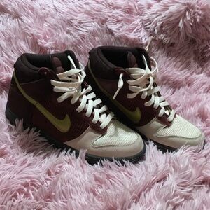 Nike Dunks Hi Top Pink Burgundy and Gold
